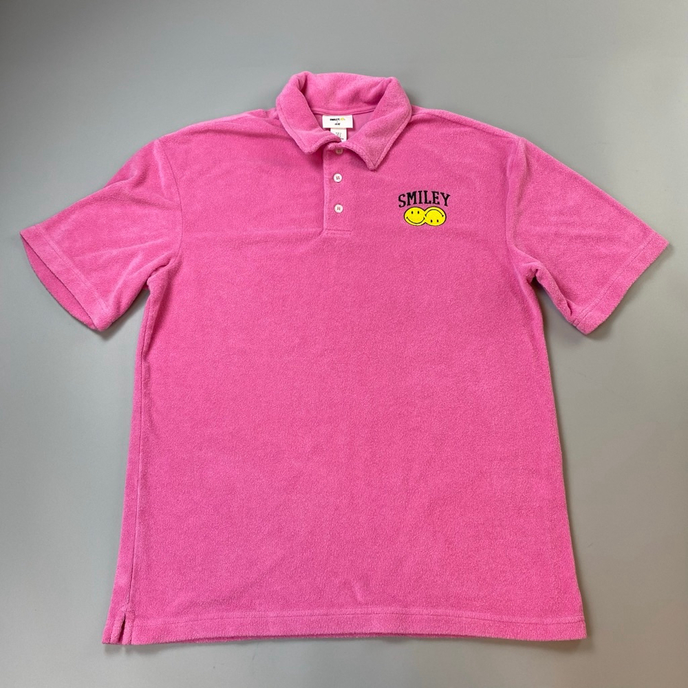 Smiley x H&M Pink Polo Shirt Mens Small Pink Terry Cloth Collab Street Preppy